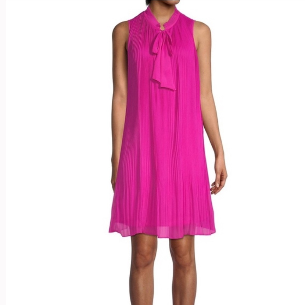 DKNY Sleeveless Pleated Tie‎ Neck Shift Dress, fuchsia pink, size 6